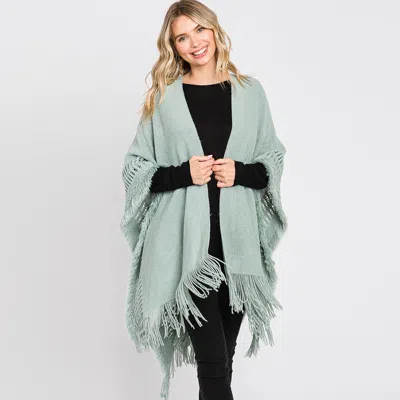 Fashnzfab Fringe Cut Out Knit Ruana Poncho In Green