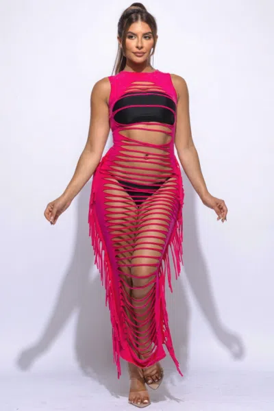 Fashnzfab Fringe Cut Out Maxi Dress In Pink