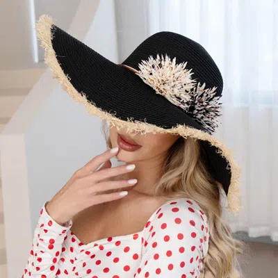 Fashnzfab Fringe Floral Accent Wide Brim Straw Sun Hat In Black