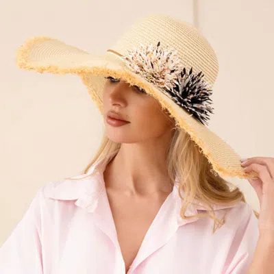 Fashnzfab Fringe Floral Accent Wide Brim Straw Sun Hat In Sand