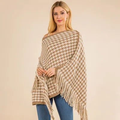 Fashnzfab Fringe Hem Houndstooth Knit Poncho In Brown