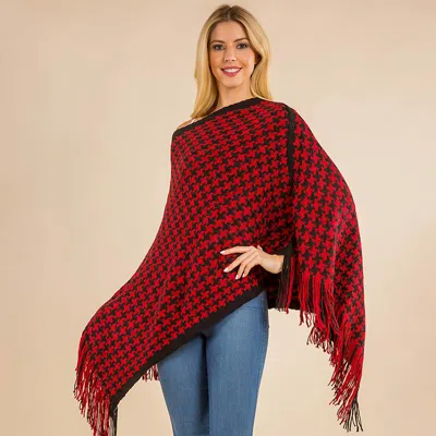 Fashnzfab Fringe Hem Houndstooth Knit Poncho In Red