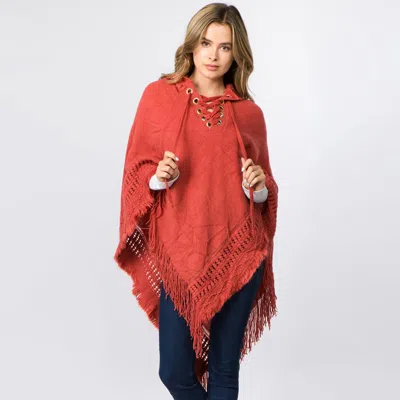 Fashnzfab Fringe Hem Lace Up Hooded Knit Poncho In Orange