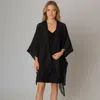 Fashnzfab Fringe Open Knit Crochet Draped Shawl Wrap Ruana Poncho In Black