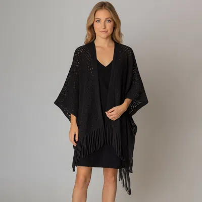 Fashnzfab Fringe Open Knit Crochet Draped Shawl Wrap Ruana Poncho In Black