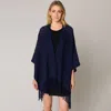 Fashnzfab Fringe Open Knit Crochet Draped Shawl Wrap Ruana Poncho In Blue