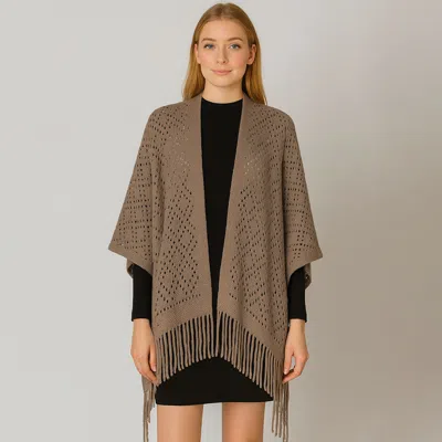 Fashnzfab Fringe Open Knit Crochet Draped Shawl Wrap Ruana Poncho In Brown