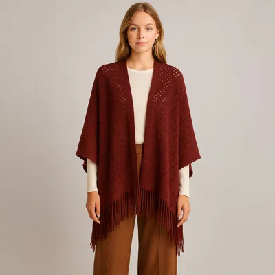 Fashnzfab Fringe Open Knit Crochet Draped Shawl Wrap Ruana Poncho In Brown