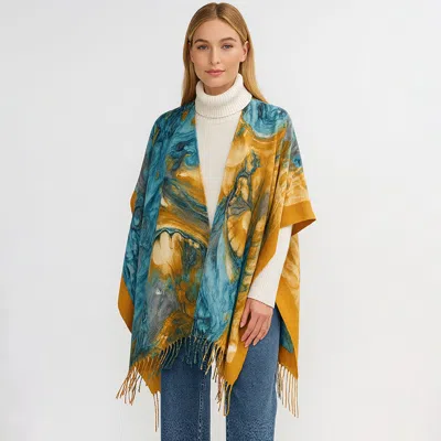 Fashnzfab Fringe Trip Mixe Abstract Swirl Print Kimono Wrap Poncho In Yellow