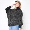 Fashnzfab Fringed Solid Knit Poncho In Gray