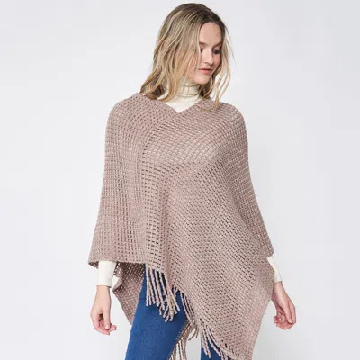 Fashnzfab Fringed Solid Knit Poncho In Sand
