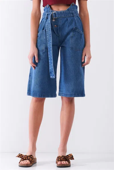 Fashnzfab Front Cut-out High-waist Buckle Self-tie Belt Midi Flare Jean Pants In Blue