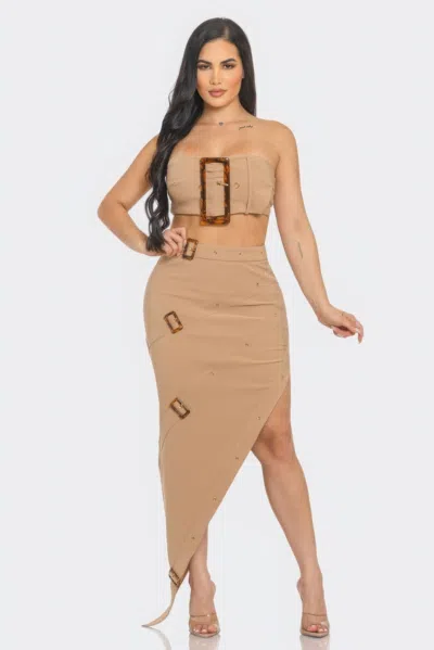 Fashnzfab Front Eyelet Buckle Belt Top And Skirt Set In Grey