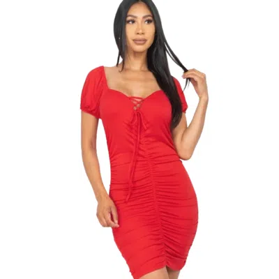 Fashnzfab Front Lace Up Ruched Mini Dress In Red