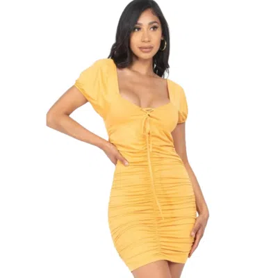 Fashnzfab Front Lace Up Ruched Mini Dress In Yellow