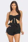 Fashnzfab Front Oversized Bow Twisted Tie Top And Shorts Set In Black