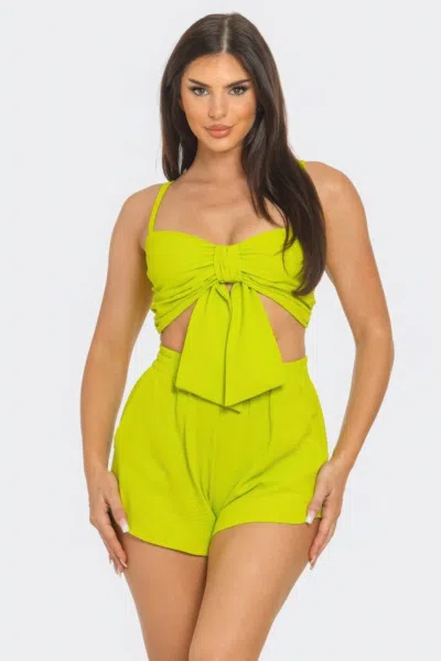 Fashnzfab Front Oversized Bow Twisted Tie Top And Shorts Set In Green