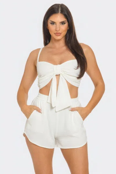Fashnzfab Front Oversized Bow Twisted Tie Top And Shorts Set In White