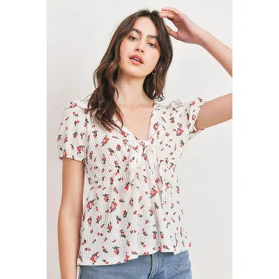 Fashnzfab Front Tie Floral Waffle Top In White