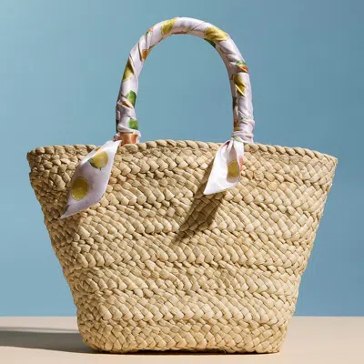 Fashnzfab Fruit Print Fabric Scarf Wrapped Handle Raffia Tote Bag In Multi