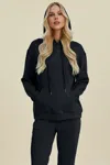 Fashnzfab Full Size Air Scuba Drawstring Long Sleeve Hoodie With Kangaroo Pocket In Black