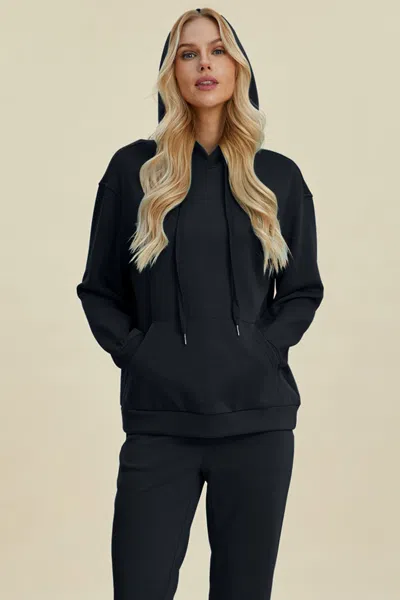 Fashnzfab Full Size Air Scuba Drawstring Long Sleeve Hoodie With Kangaroo Pocket In Black