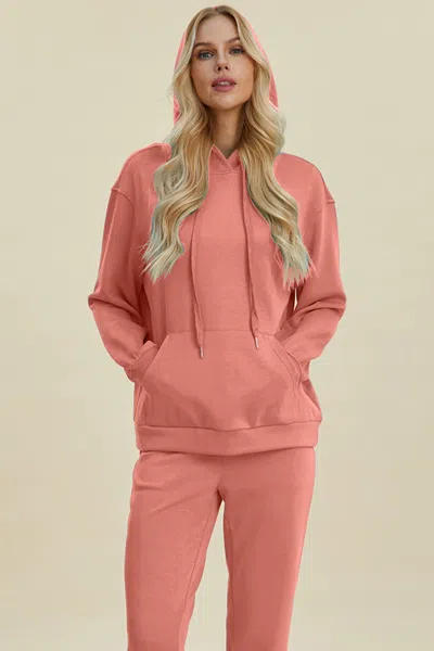 Fashnzfab Full Size Air Scuba Drawstring Long Sleeve Hoodie With Kangaroo Pocket In Pink