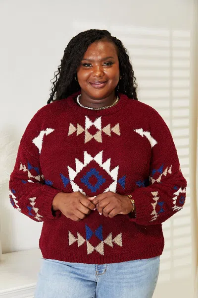 Fashnzfab Full Size Aztec Soft Fuzzy Sweater In Pink