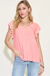 Fashnzfab Full Size Bamboo Notched Ruffled Short Sleeve T-shirt In Multi