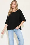 Fashnzfab Full Size Bamboo Round Neck Exposed Seam T-shirt In Black