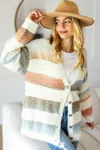 Fashnzfab Full Size Button Down Stripe Soft Fuzzy Sweater Cardigan In Multi