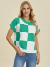 Fashnzfab Full Size Checkered Round Neck Short Sleeve Sweater In Blue