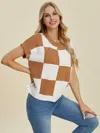 FASHNZFAB FULL SIZE CHECKERED ROUND NECK SHORT SLEEVE SWEATER