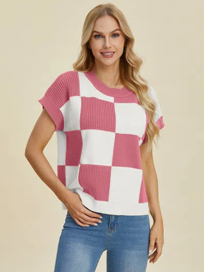 Fashnzfab Full Size Checkered Round Neck Short Sleeve Sweater In Pink
