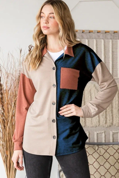 Fashnzfab Full Size Color Block Button Down Shirt In Blue