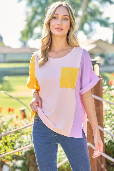 Fashnzfab Full Size Color Block Short Sleeve Top In Yellow