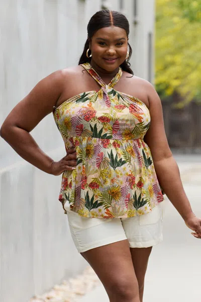 Fashnzfab Full Size Floral Halter Top In Green In Multi