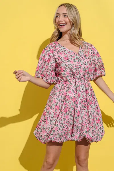 Fashnzfab Full Size Floral Surplice Puff Sleeve Dress In Pink