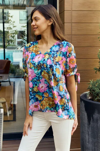 Fashnzfab Full Size Floral V-neck Tie Detail Blouse In Multi