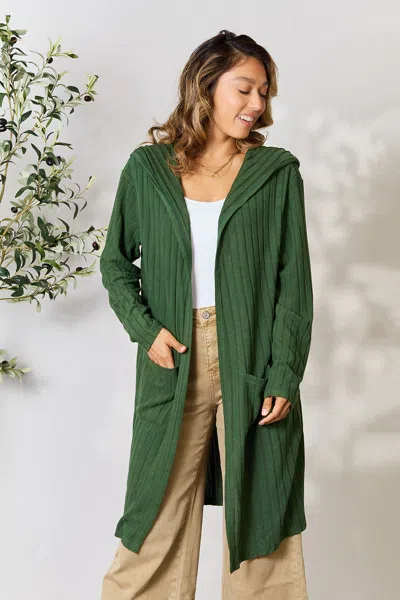 Fashnzfab Full Size Hooded Sweater Cardigan In Green