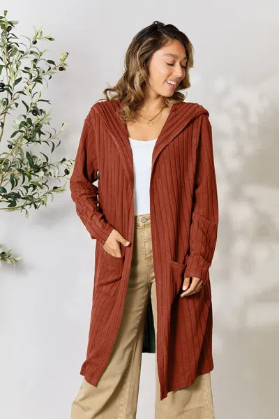Fashnzfab Full Size Hooded Sweater Cardigan In Multi