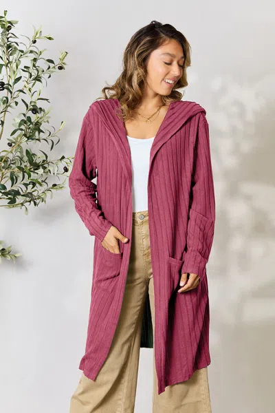 Fashnzfab Full Size Hooded Sweater Cardigan In Pink