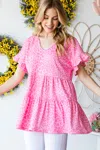 Fashnzfab Full Size Leopard Ruffle Trim Short Sleeve Top In Pink