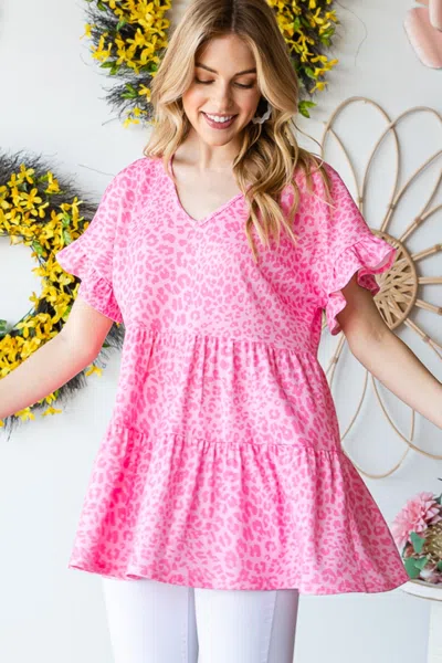 Fashnzfab Full Size Leopard Ruffle Trim Short Sleeve Top In Pink