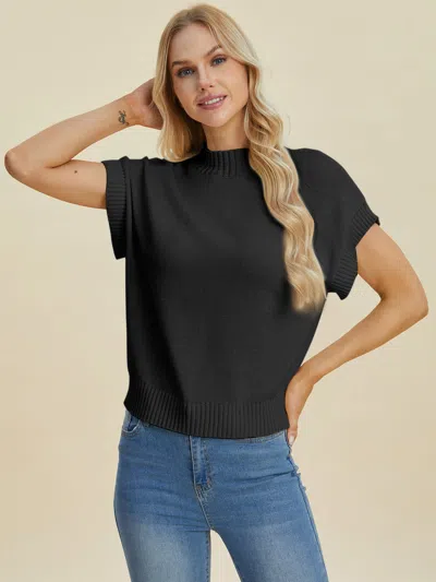 Fashnzfab Full Size Mock Neck Short Sleeve Sweater In Black