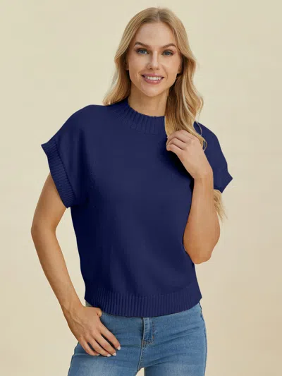 Fashnzfab Full Size Mock Neck Short Sleeve Sweater In Blue