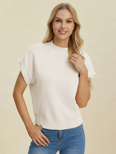 Fashnzfab Full Size Mock Neck Short Sleeve Sweater In White