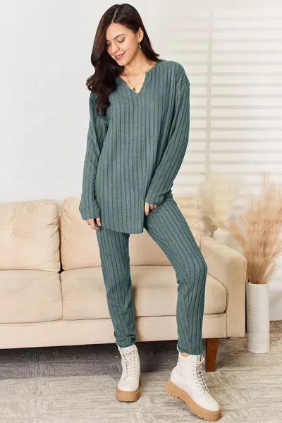 Fashnzfab Full Size Notched Long Sleeve Top And Pants Set In Blue
