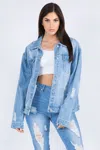 Fashnzfab Full Size Painted Back Distressed Denim Jacket In Blue