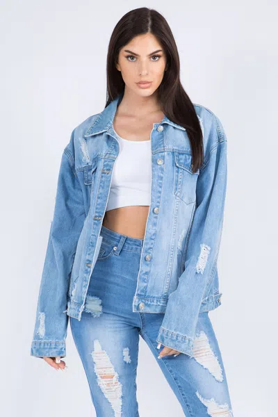 Fashnzfab Full Size Painted Back Distressed Denim Jacket In Blue
